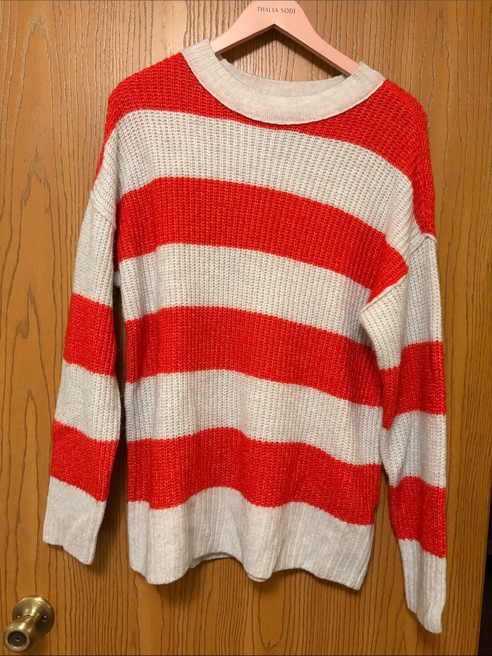 Arizona Jean Company Red and Cream Striped Crewneck Sweater